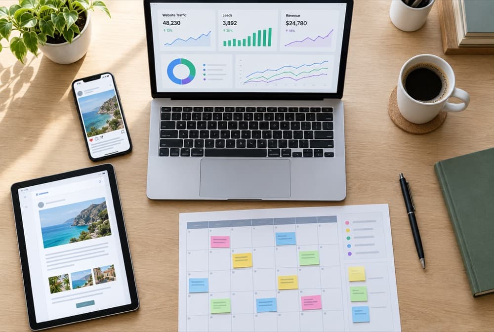A laptop, tablet and phone showing marketing results and a content calendar