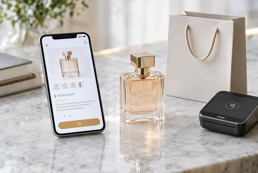 A phone showing an online store product page beside a perfume bottle and a card reader