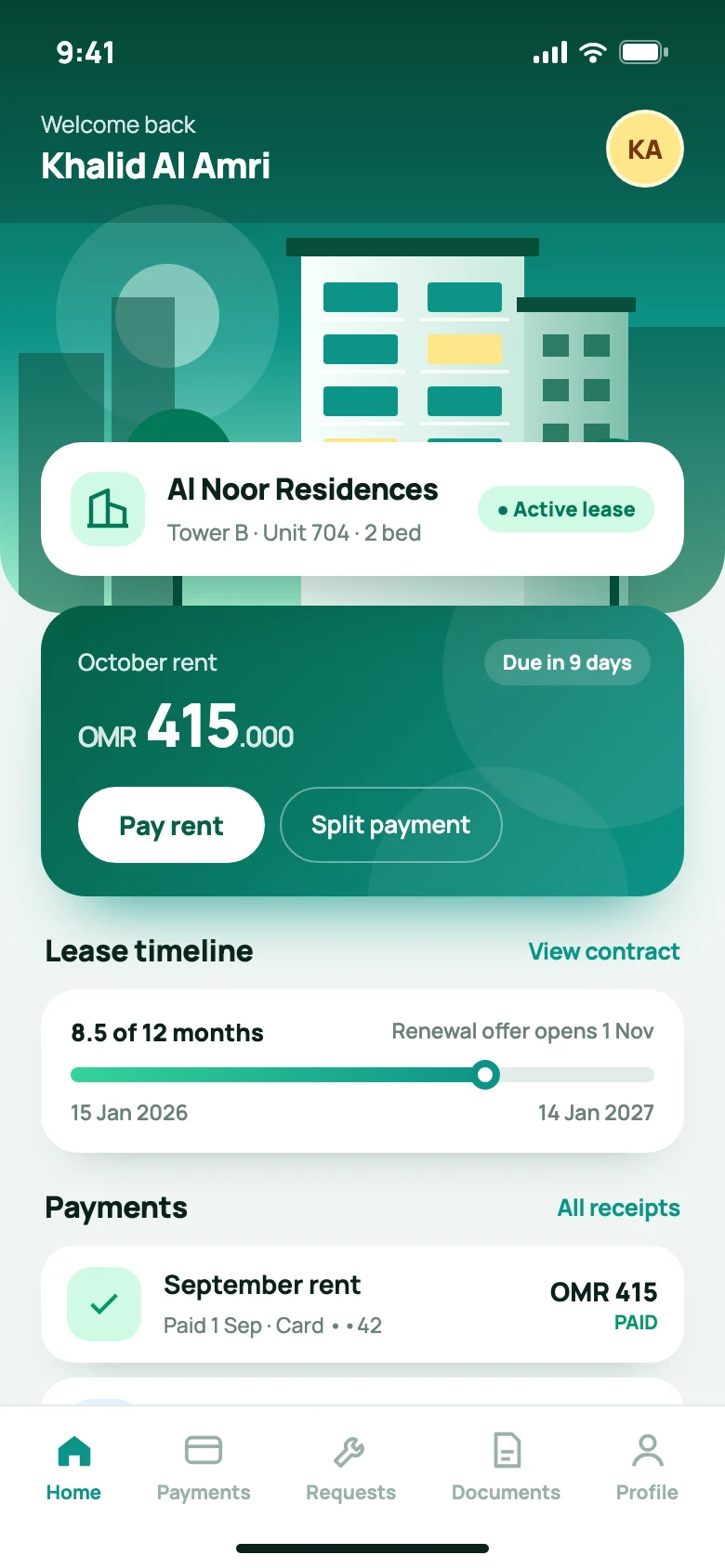 Tenant mobile app with property card, rent due and lease timeline