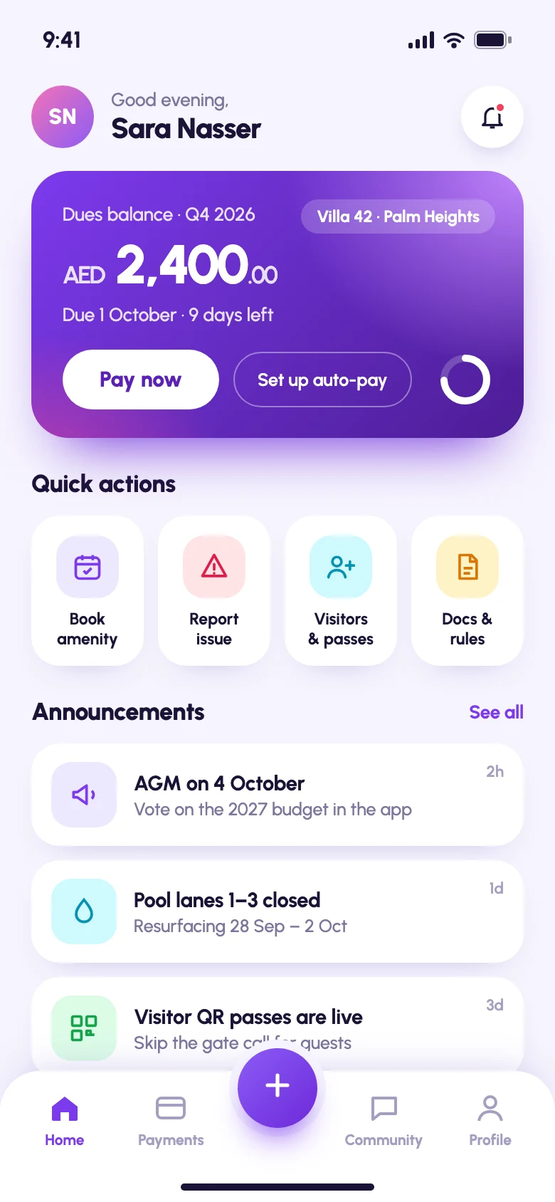 HOA resident mobile app showing dues balance and quick actions
