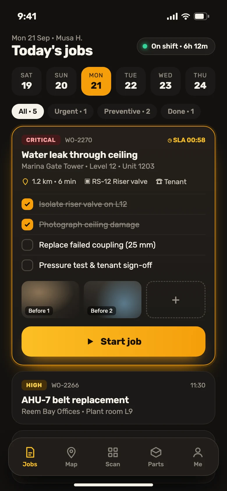 Technician mobile app with today's jobs and a job checklist