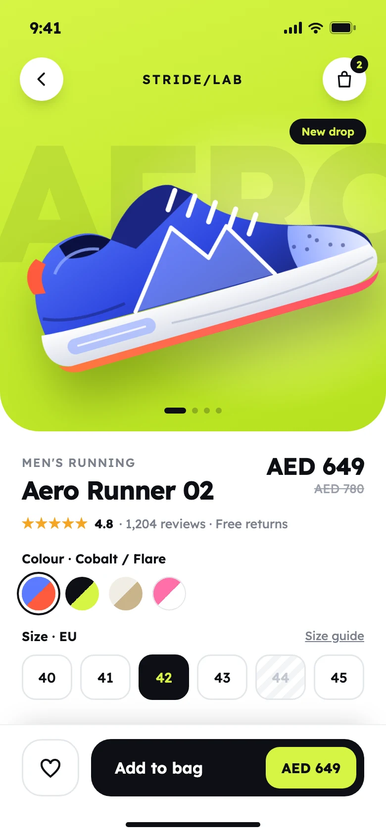 Ecommerce mobile app product page with size and colour selectors