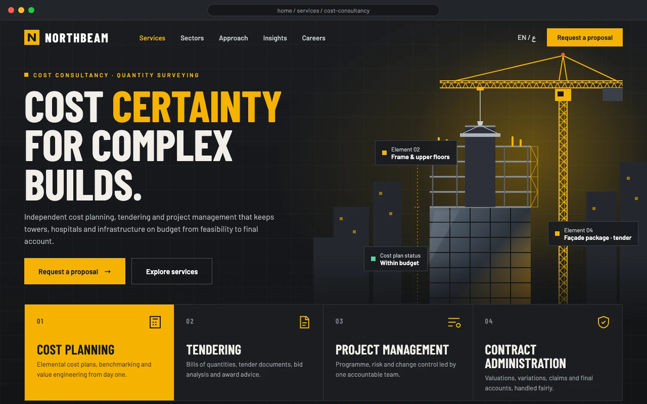 Construction consultancy website with service tiles and a skyline illustration