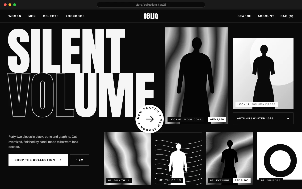 Fashion ecommerce homepage with a bold headline and lookbook grid