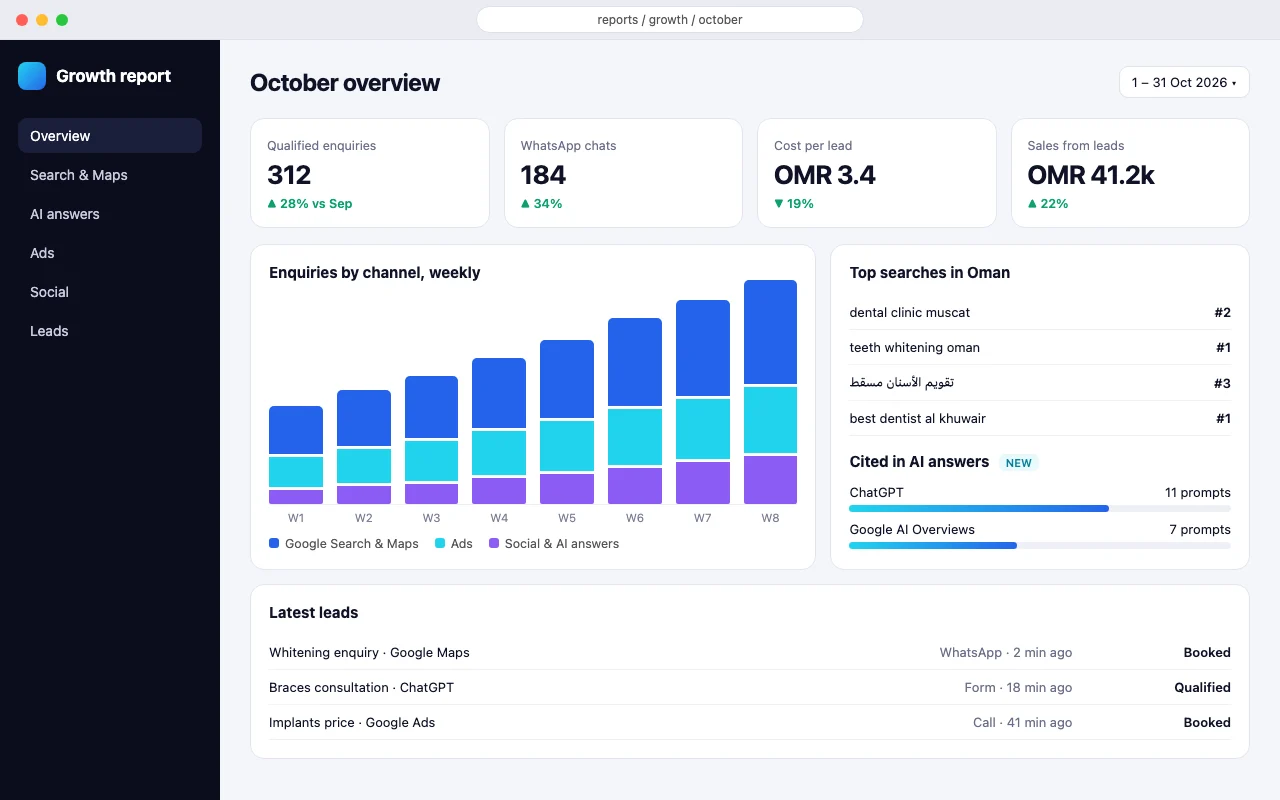 Marketing report showing enquiries by channel, cost per lead, top searches and AI answer citations