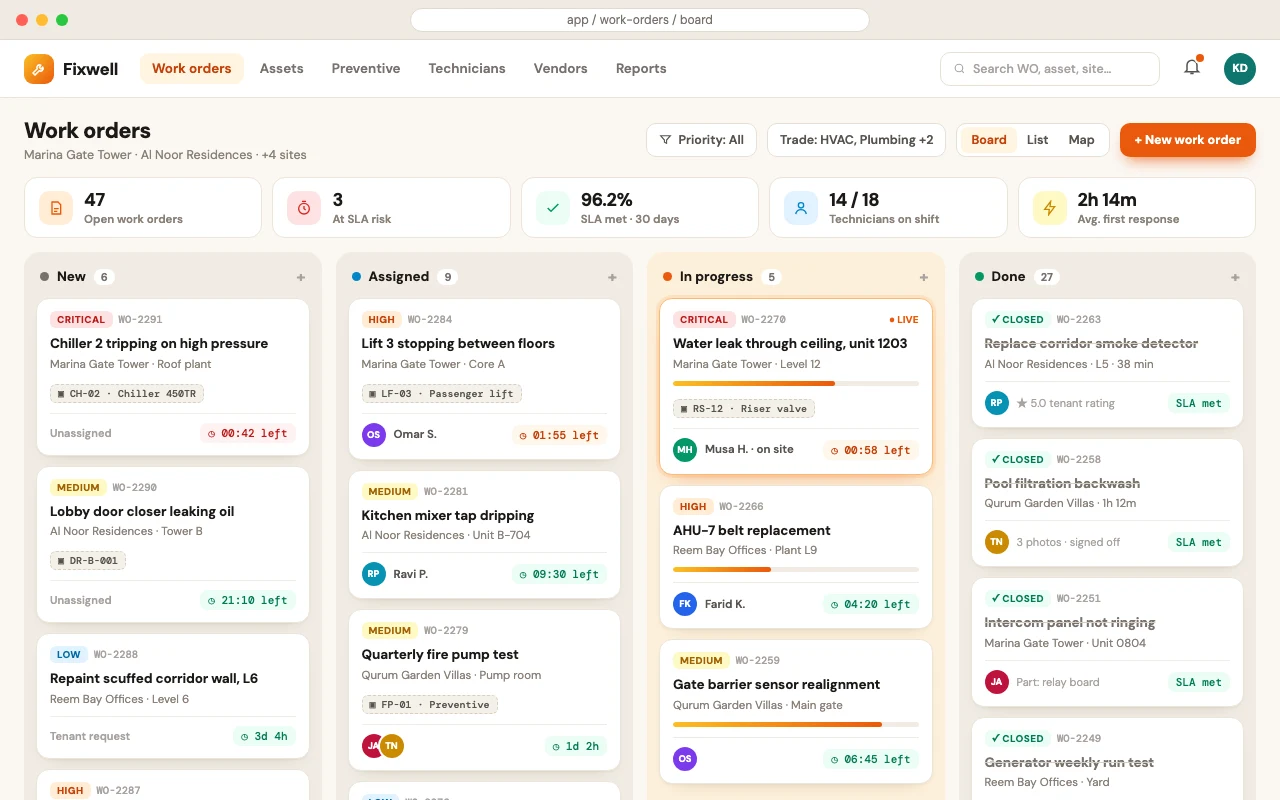 Maintenance management kanban board with work orders and technicians