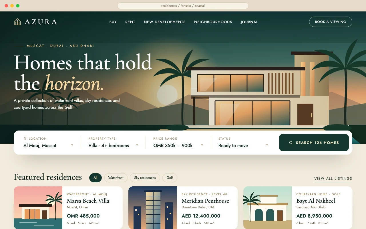 Luxury real-estate listing website with property search and featured residences