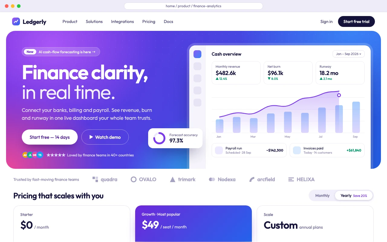 Finance SaaS landing page with a gradient hero and product screenshot