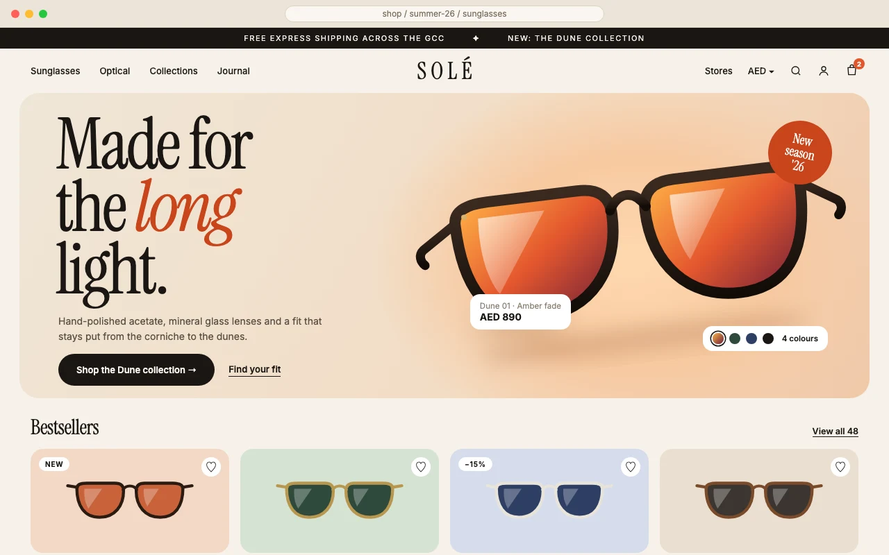 Eyewear ecommerce storefront with product cards and a cart