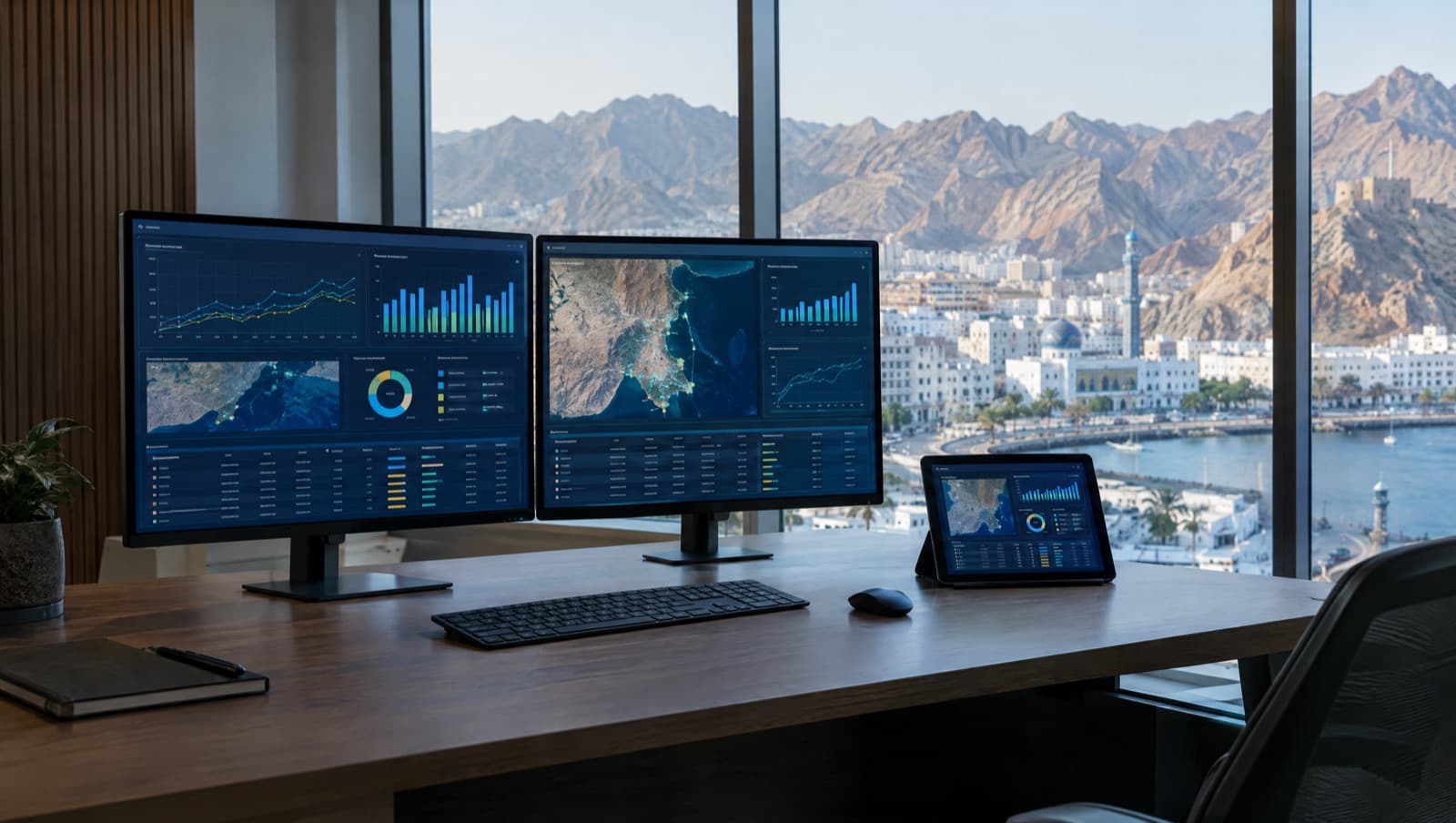 شاشتان وجهاز لوحي تعرض لوحة بيانات مخصصة لأعمال شركة