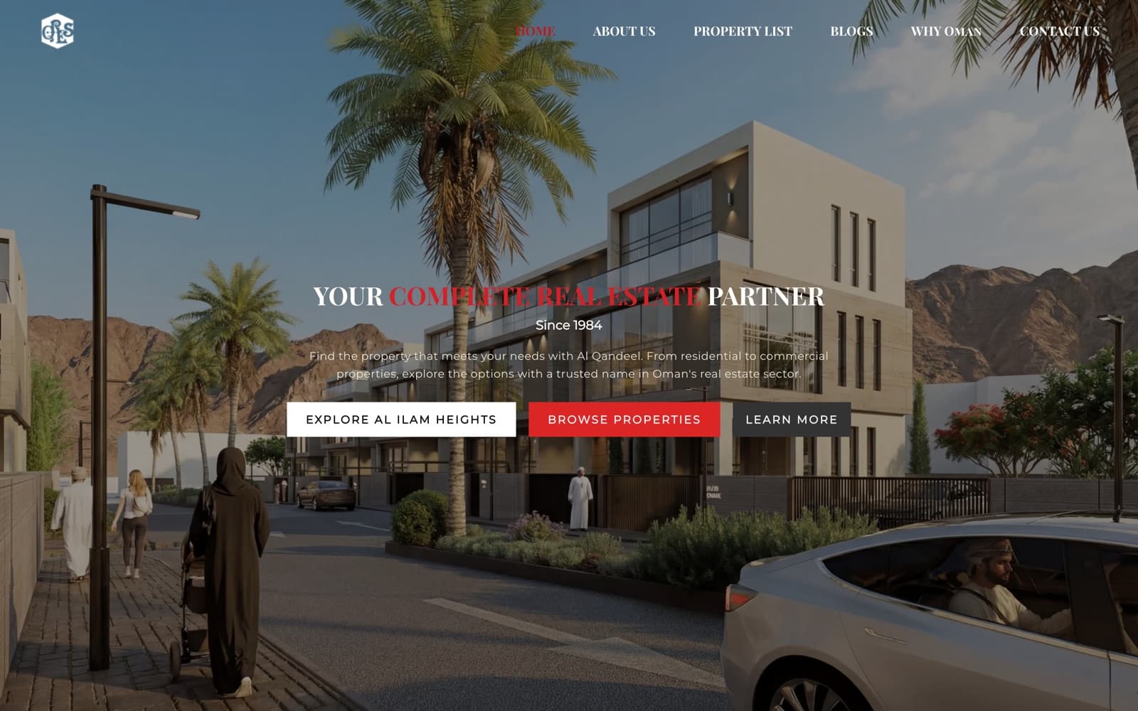 Al Qandeel home page: villas at Al Ilam Heights with buttons to explore the development and browse properties