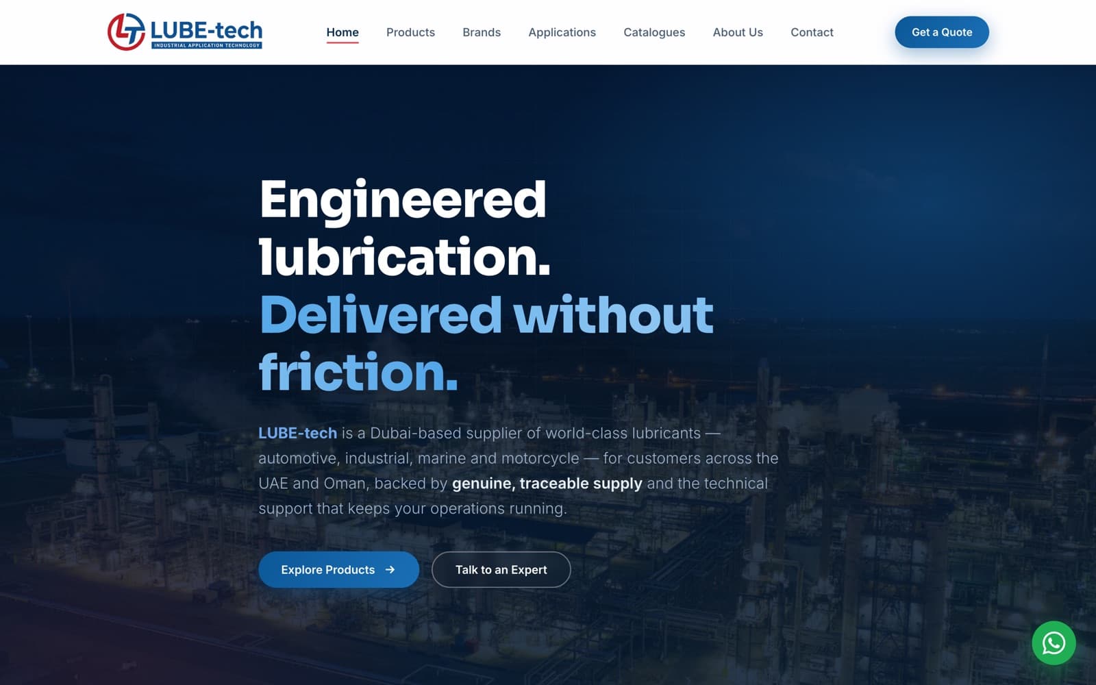 LUBE-tech home page: engineered lubrication, with buttons to explore products and talk to an expert