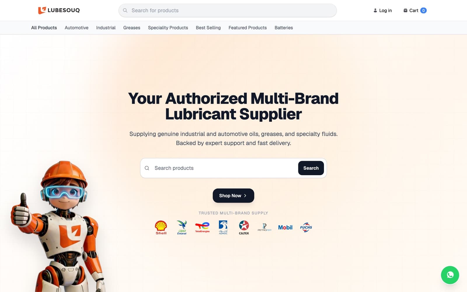 Lubesouq home page: authorised multi-brand lubricant supplier with product search and brand logos
